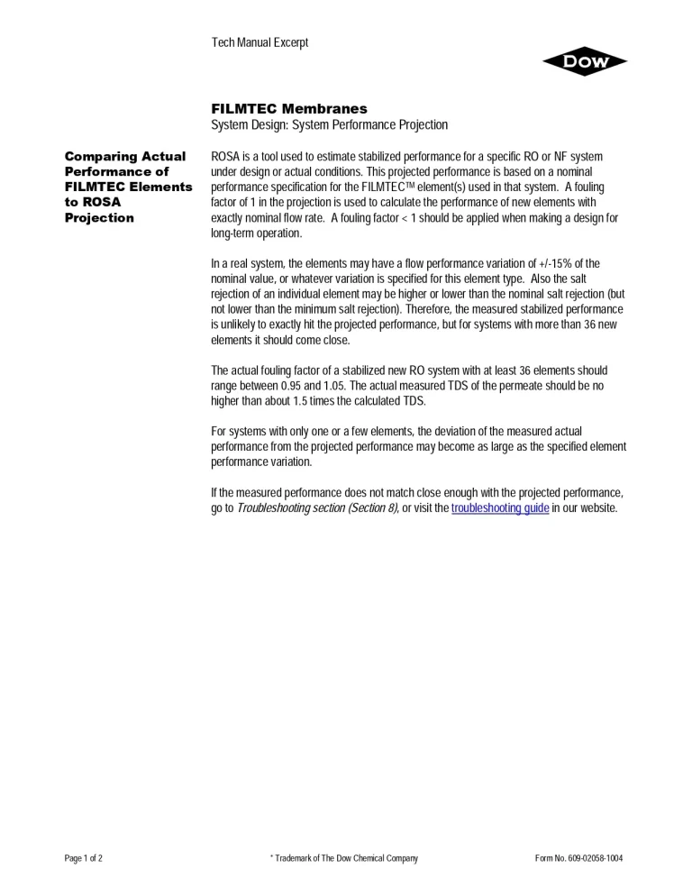 Comparing Actual Performance of Filmtec Elements to ROSA Projection