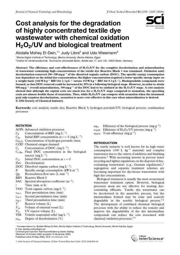Cost Analysis For The Degradation Of Highly Concentrated Textile Dye Wastewater With Chemical Oxidation H2O2/UV And Biological Treatment
