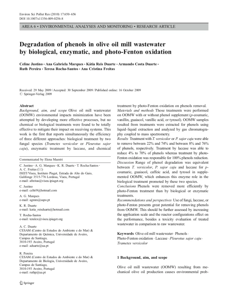 Degradation Of Phenols In Olive Oil Mill Wastewater By Biological, Enzymatic, And Photo-Fenton Oxidation