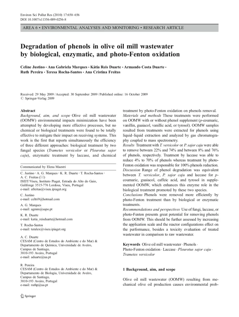 Degradation Of Phenols In Olive Oil Mill Wastewater By Biological, Enzymatic, And Photo-Fenton Oxidation
