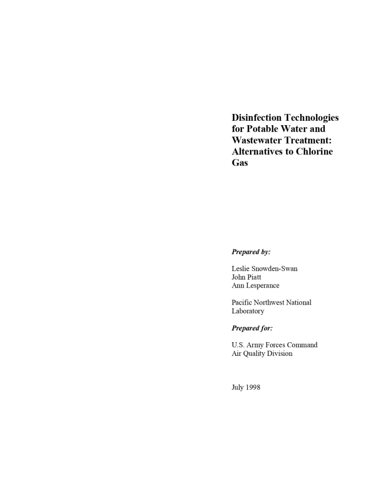 Disinfection Technologies for Potable Water and Wastewater Treatment: Alternatives to Chlorine Gas