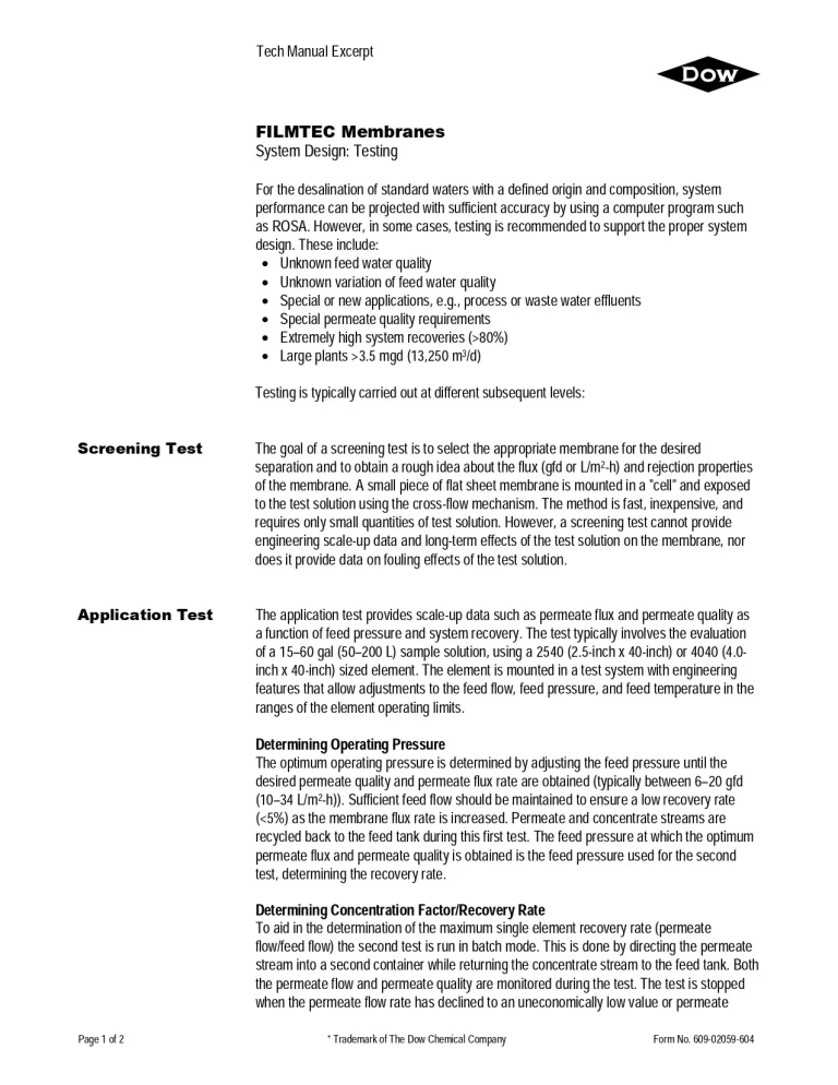 Filmtec Membranes System Design: Testing