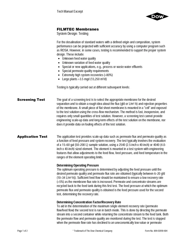 Filmtec Membranes System Design: Testing