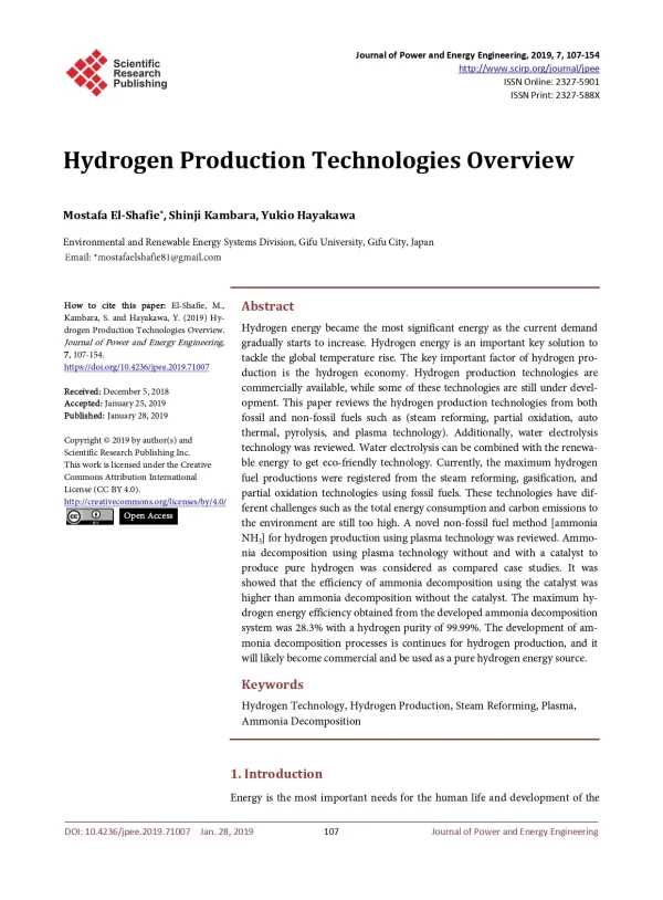 Hydrogen Production Technologies Overview