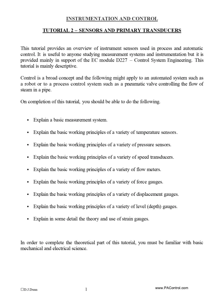 Instrumentation And Control Tutorial 2 – Sensors And Primary Transducers