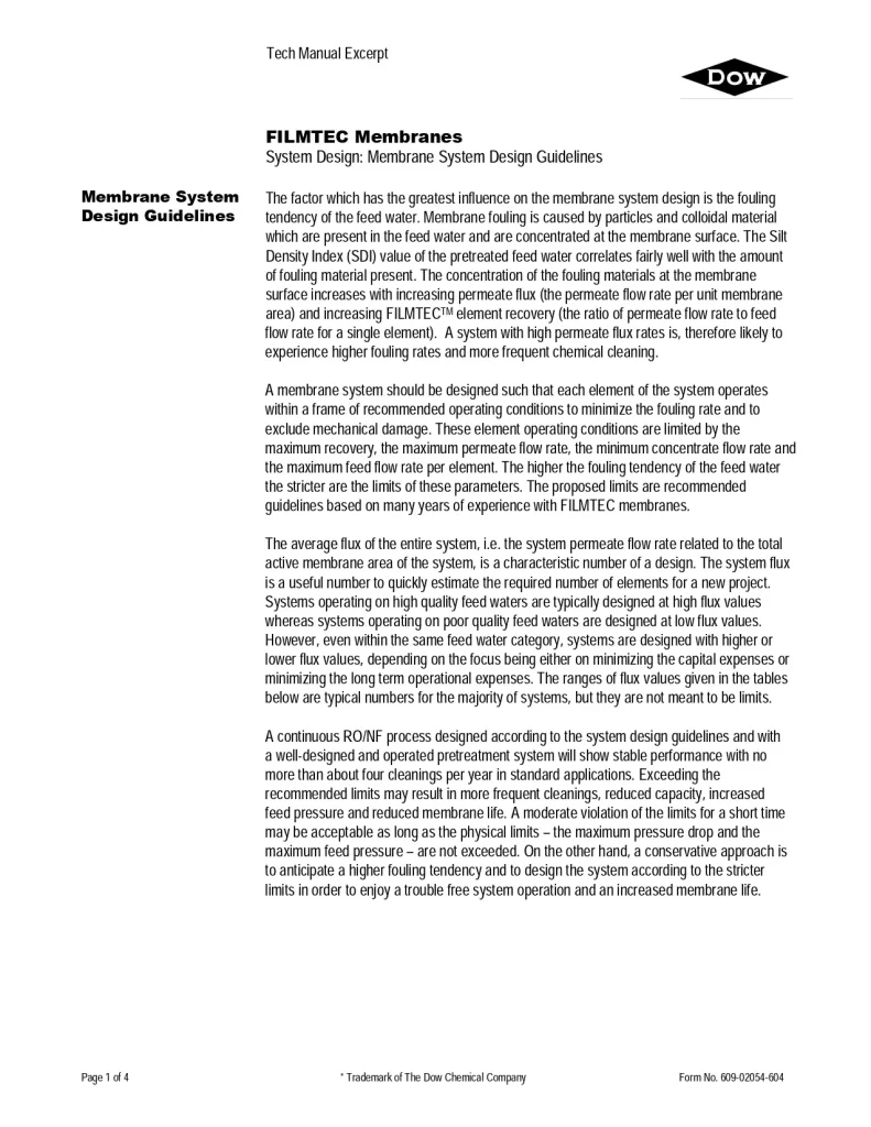 Filmtec Membranes System Design: Membrane System Design Guideline