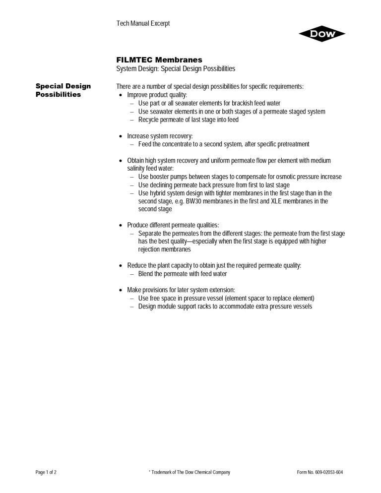 Filmtec Membranes Special Design Possibilities