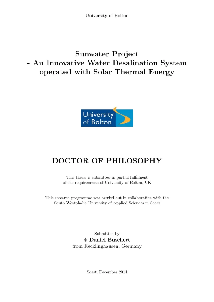 Sunwater Project - An Innovative Water Desalination System Operated With Solar Thermal Energy