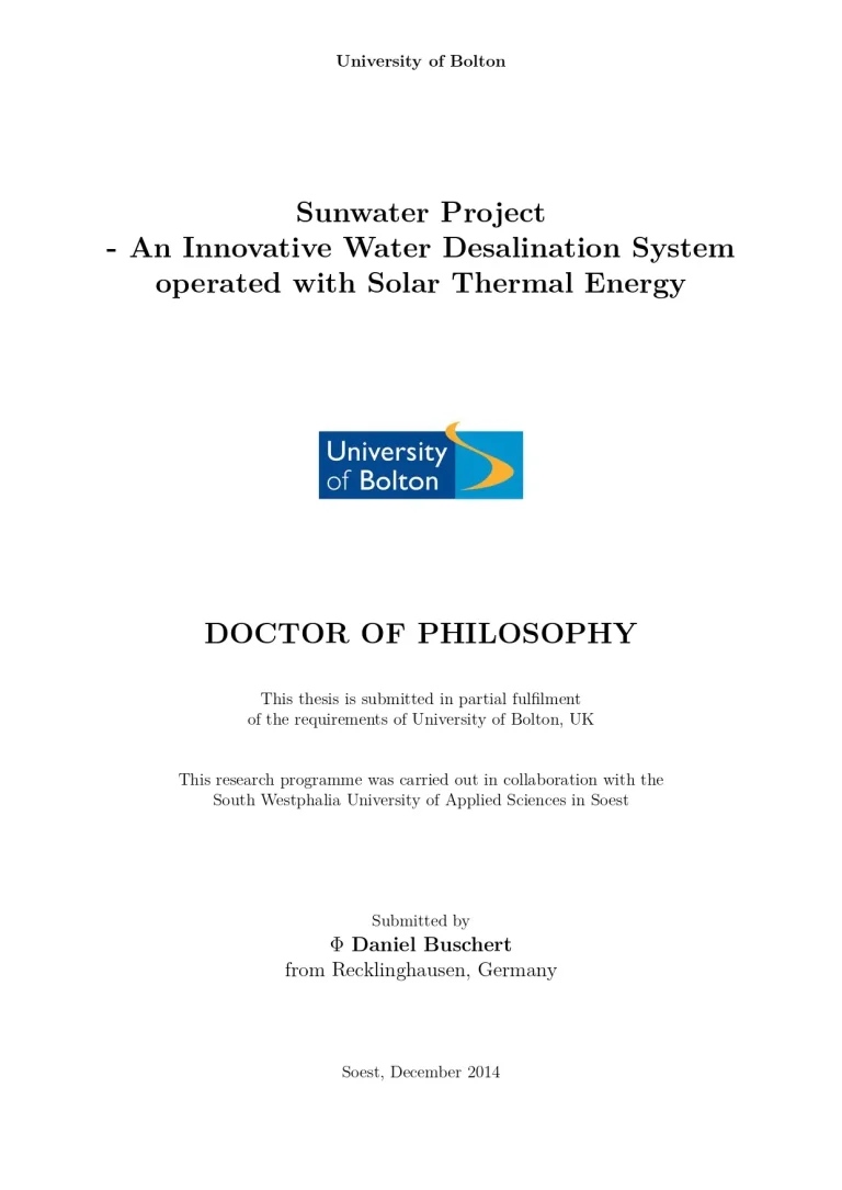 Sunwater Project - An Innovative Water Desalination System Operated With Solar Thermal Energy