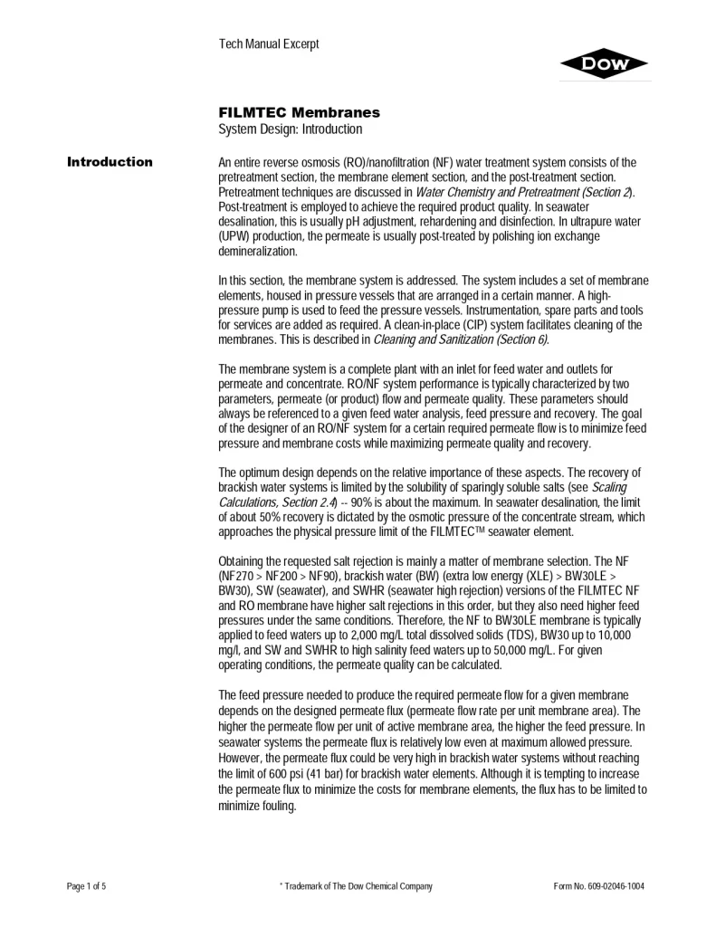 Filmtec Membranes System Design Introduction