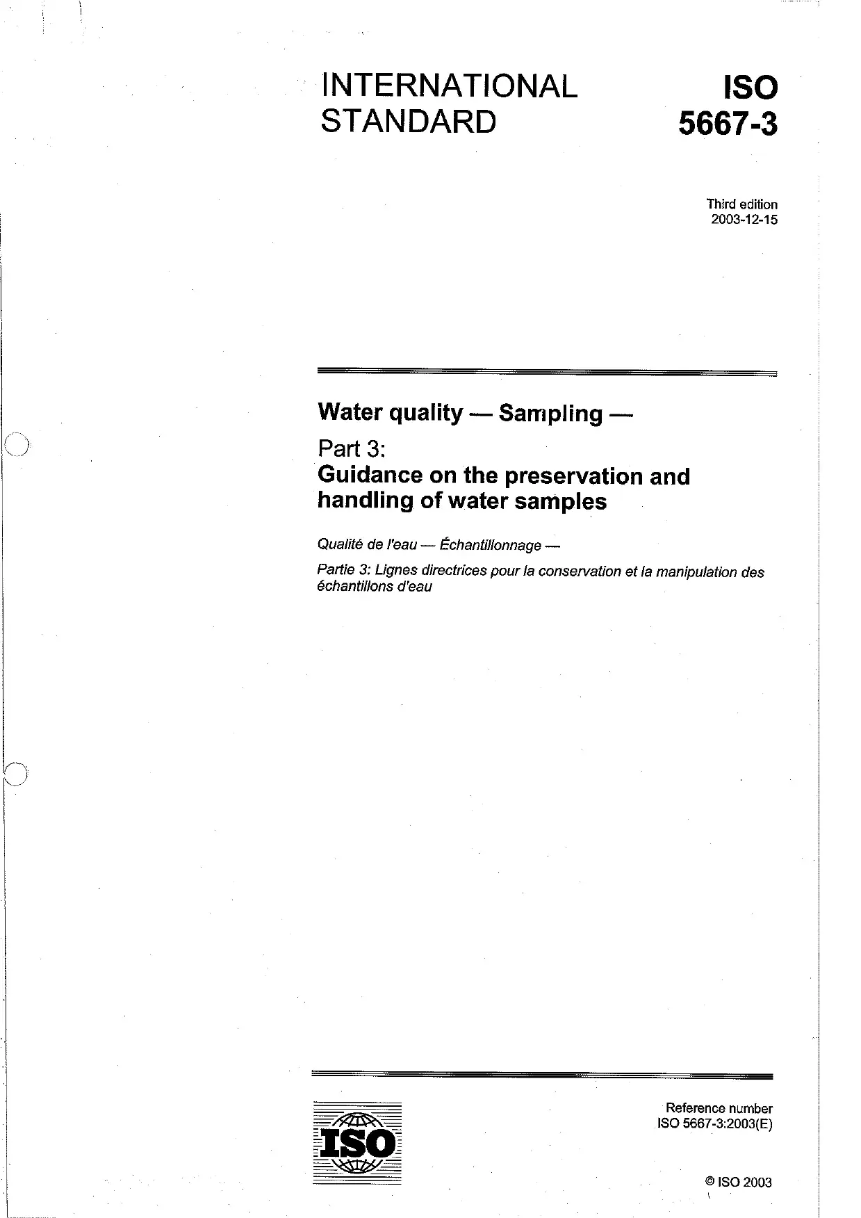 Water Quality - Sampling - Part 3 : Guidance on The Preservation and Handling of Water Samples