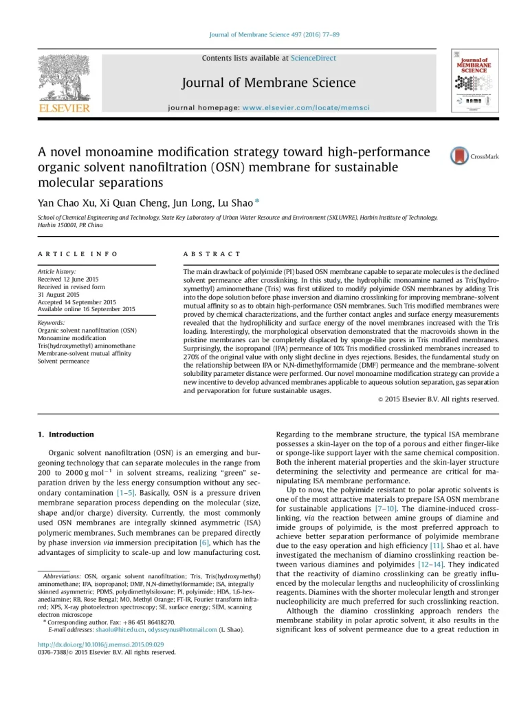 A Novel Monoamine Modification Strategy Toward High-Performance Organic Solvent Nanofiltration (OSN) Membrane For Sustainable Molecular Separations
