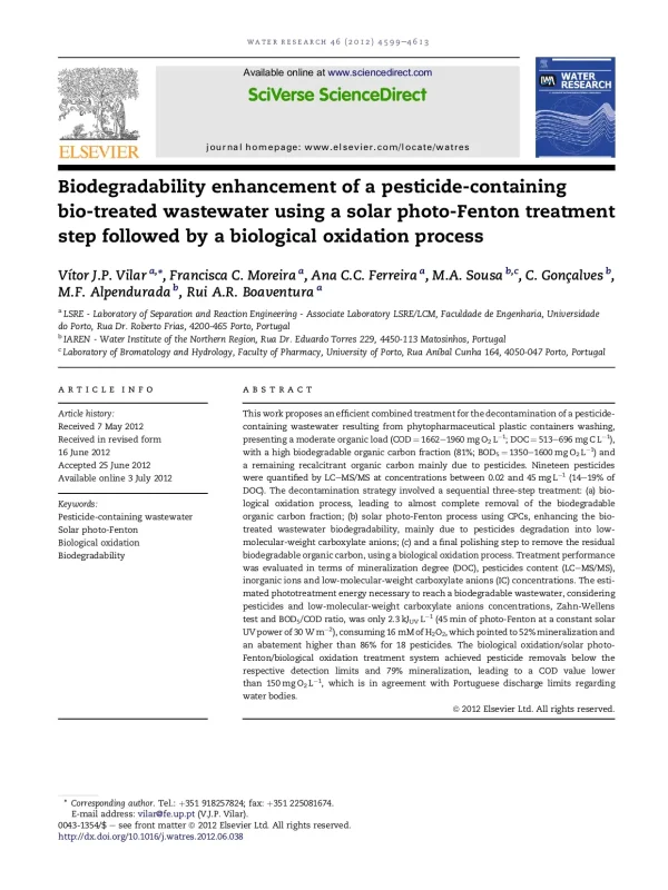 Biodegradability Enhancement Of A Pesticide-Containing Bio-Treated Wastewater Using A Solar Photo-Fenton Treatment Step Followed By A Biological Oxidation Process
