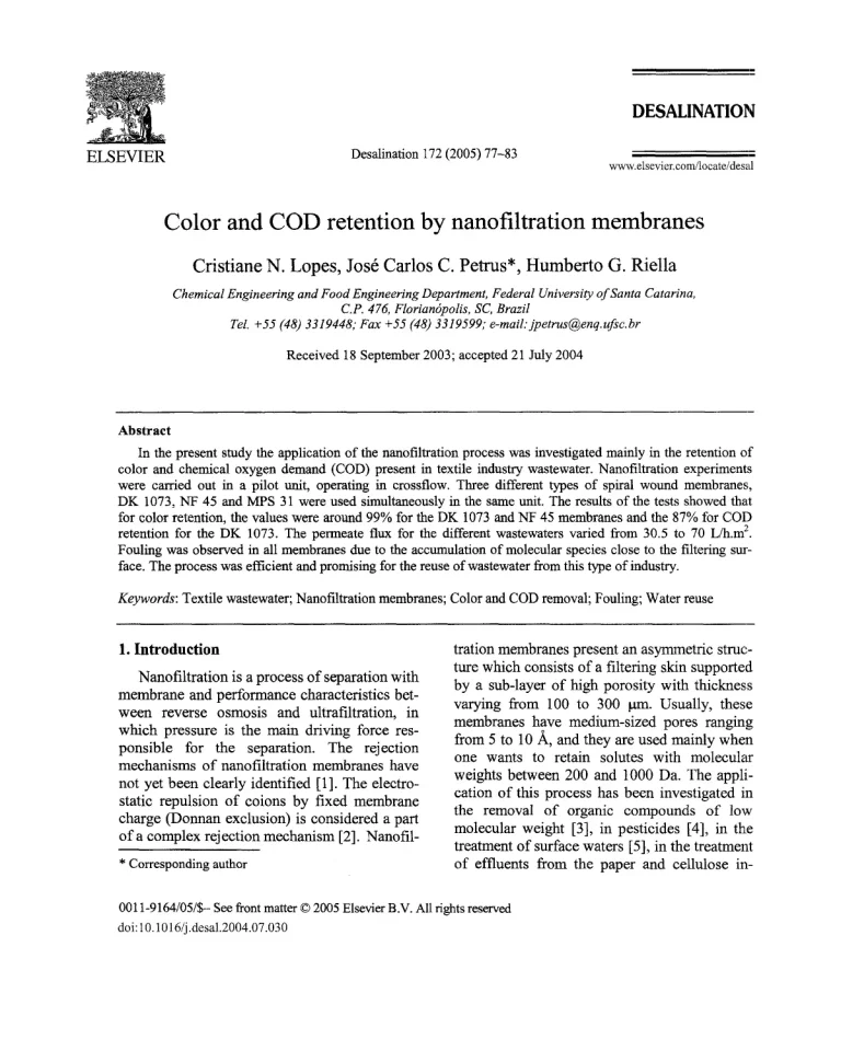 Color And COD Retention By Nanofiltration Membranes