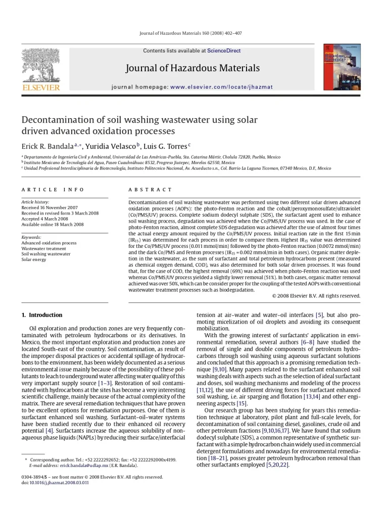 Decontamination Of Soil Washing Wastewater Using Solar Driven Advanced Oxidation Processes