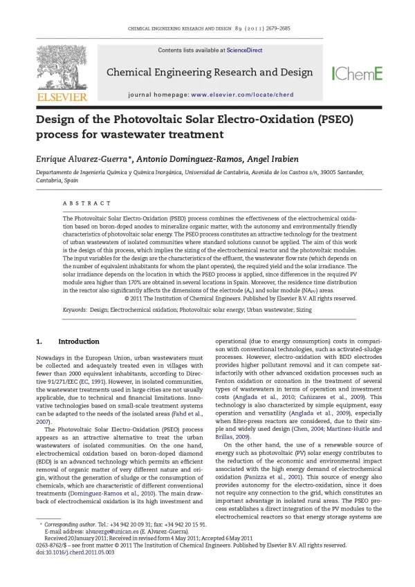 Design Of The Photovoltaic Solar Electro-Oxidation (PSEO) Process For Wastewater Treatment