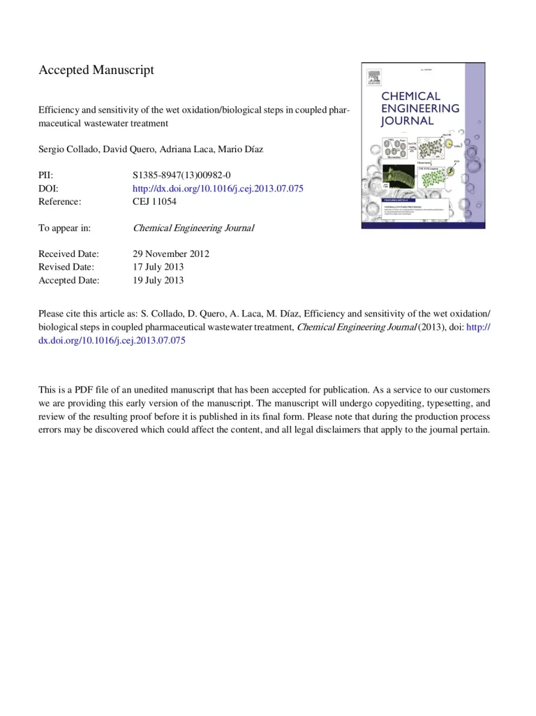 Efficiency And Sensitivity Of The Wet Oxidation/Biological Steps In Coupled Pharmaceutical Wastewater Treatment