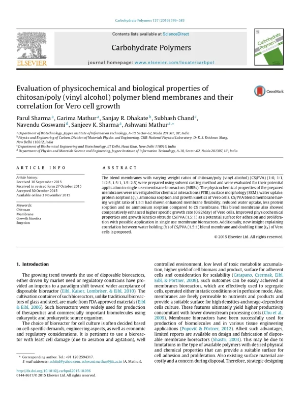 Evaluation Of Physicochemical And Biological Properties Of Chitosan/Poly (Vinyl Alcohol) Polymer Blend Membranes And Their Correlation For Vero Cell Growth