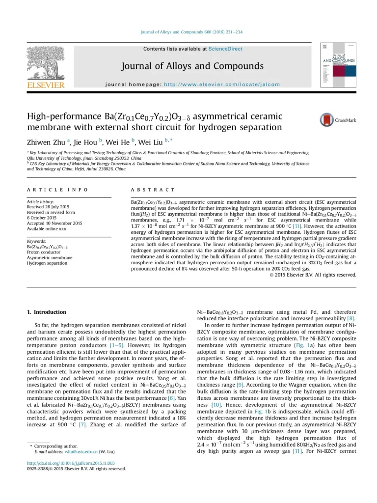 High-Performance Ba(Zr0.1 Ce0.7 Y0.2)O3 Asymmetrical Ceramic Membrane With External Short Circuit For Hydrogen Separation