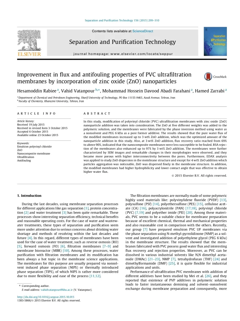Improvement In Flux And Antifouling Properties Of PVC Ultrafiltration Membranes By Incorporation Of Zinc Oxide (ZNO) Nanoparticles