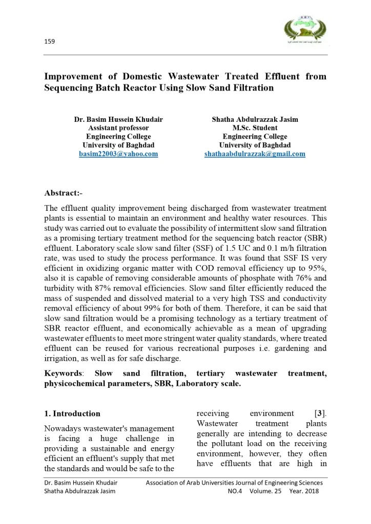 Improvement of Domestic Wastewater Treated Effluent from Sequencing Batch Reactor Using Slow Sand Filtration