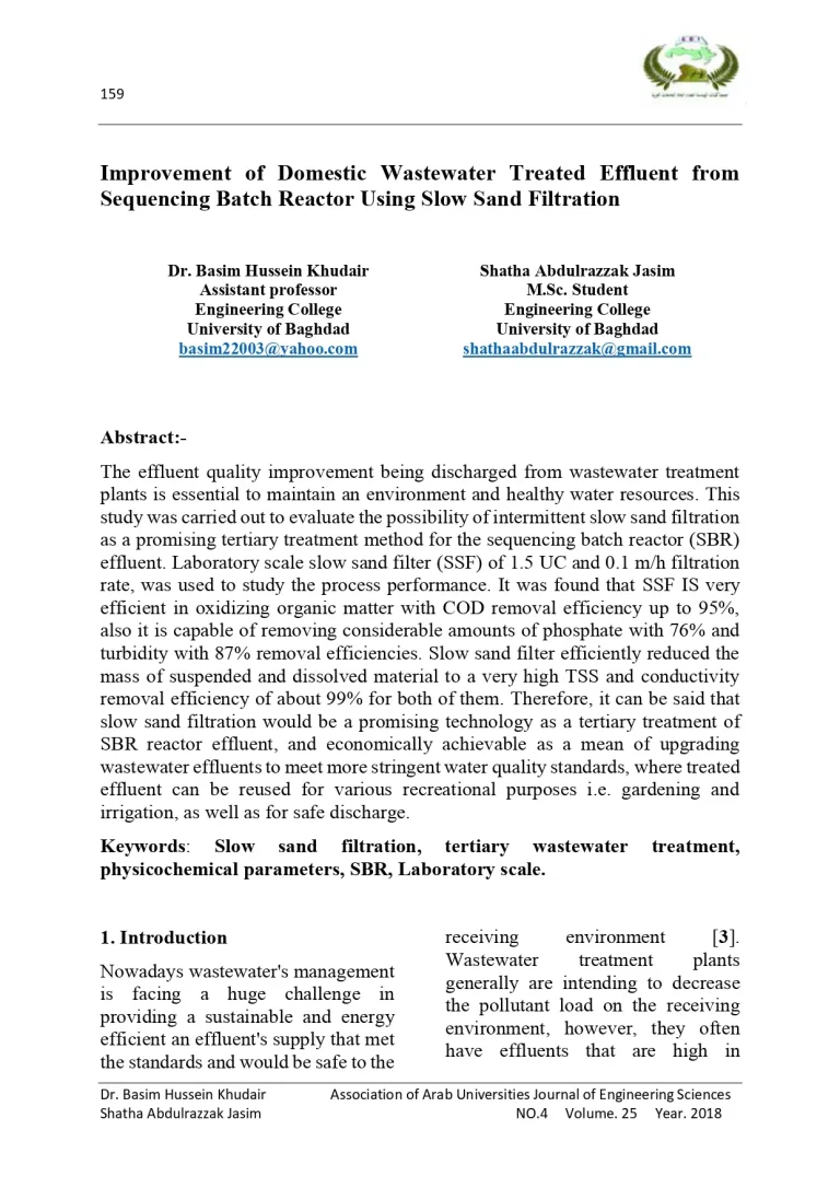 Improvement of Domestic Wastewater Treated Effluent from Sequencing Batch Reactor Using Slow Sand Filtration
