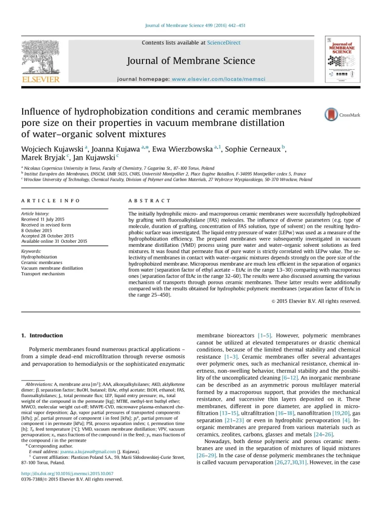 Influence Of Hydrophobization Conditions And Ceramic Membranes Pore Size On Their Properties In Vacuum Membrane Distillation Of Water–Organic Solvent Mixtures