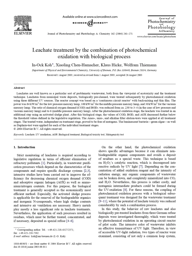 Leachate Treatment By The Combination Of Photochemical Oxidation With Biological Process