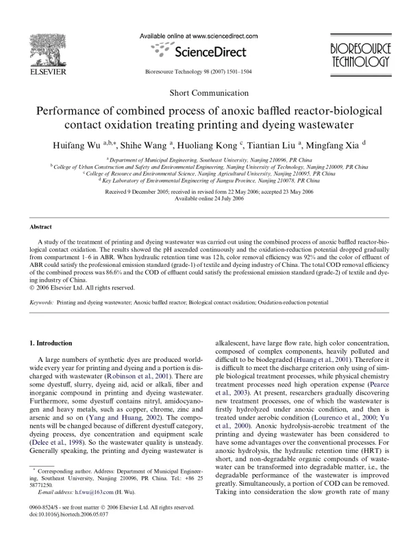 Performance Of Combined Process Of Anoxic Baffled Reactor-Biological Contact Oxidation Treating Printing And Dyeing Wastewater