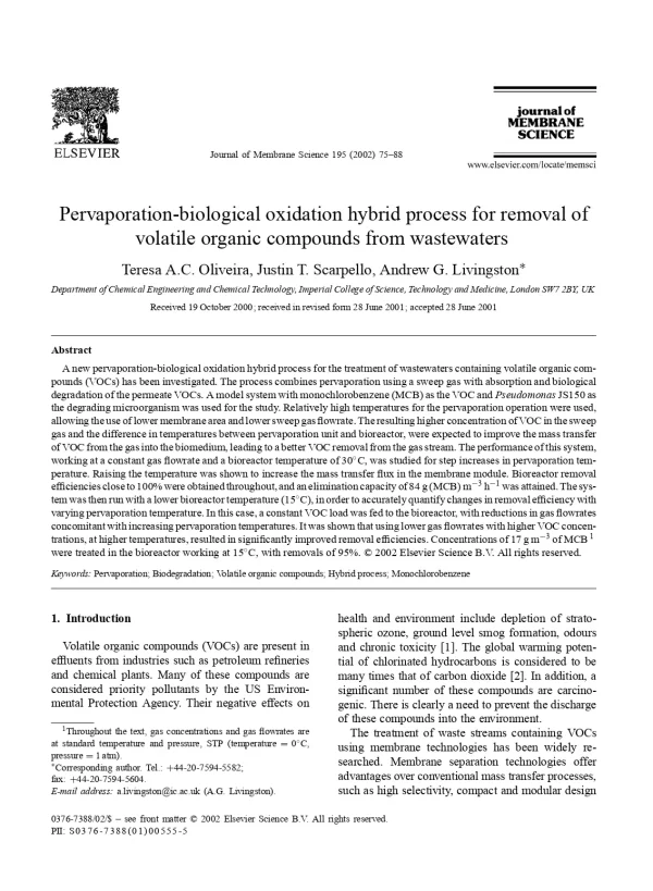 Pervaporation-Biological Oxidation Hybrid Process For Removal Of Volatile Organic Compounds From Wastewaters