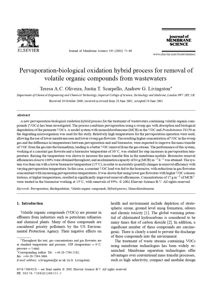 Pervaporation-Biological Oxidation Hybrid Process For Removal Of Volatile Organic Compounds From Wastewaters