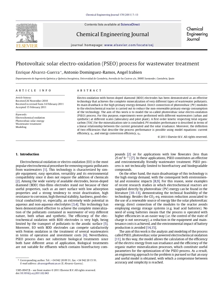Photovoltaic Solar Electro-Oxidation (PSEO) Process For Wastewater Treatment