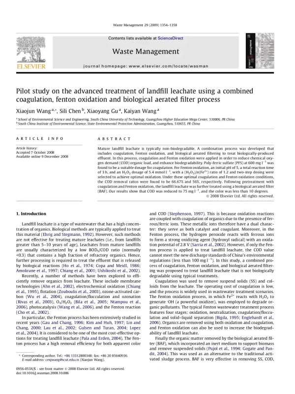 Pilot Study On The Advanced Treatment Of Landfill Leachate Using A Combined Coagulation, Fenton Oxidation And Biological Aerated Filter Process