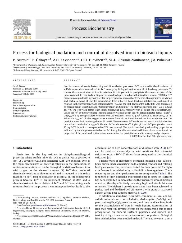 Process For Biological Oxidation And Control Of Dissolved Iron In Bioleach Liquors