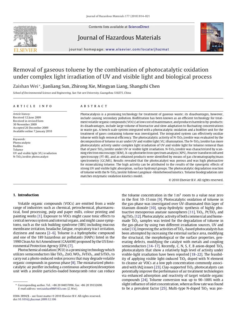 Removal Of Gaseous Toluene By The Combination Of Photocatalytic Oxidation Under Complex Light Irradiation Of UV And Visible Light And Biological Process