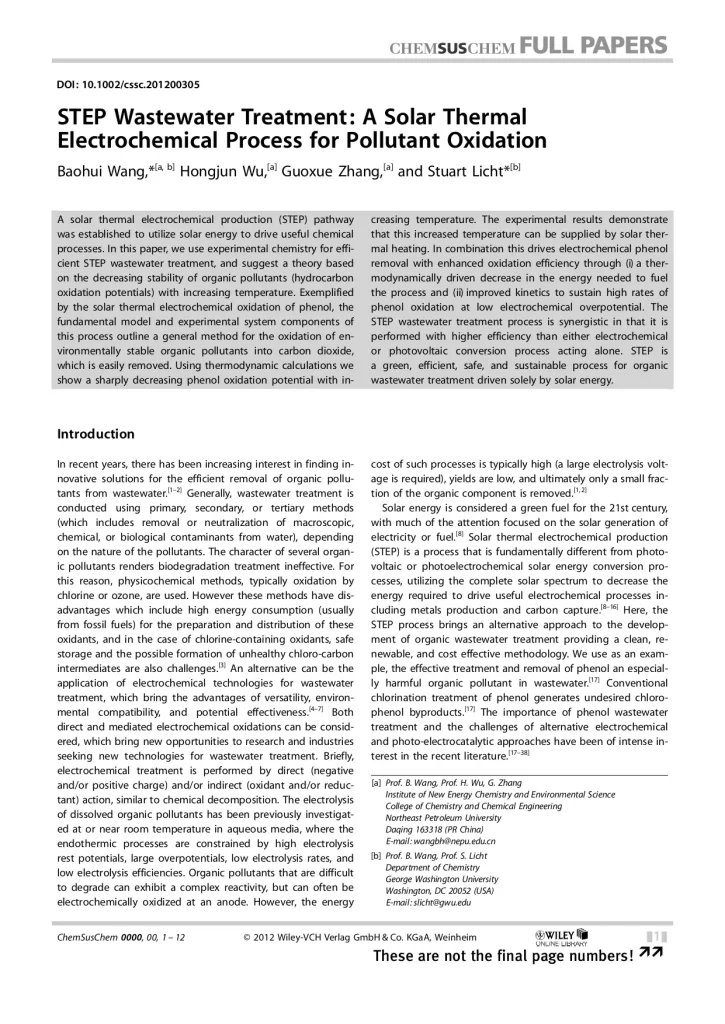 STEP Wastewater Treatment: A Solar Thermal Electrochemical Process For Pollutant Oxidation