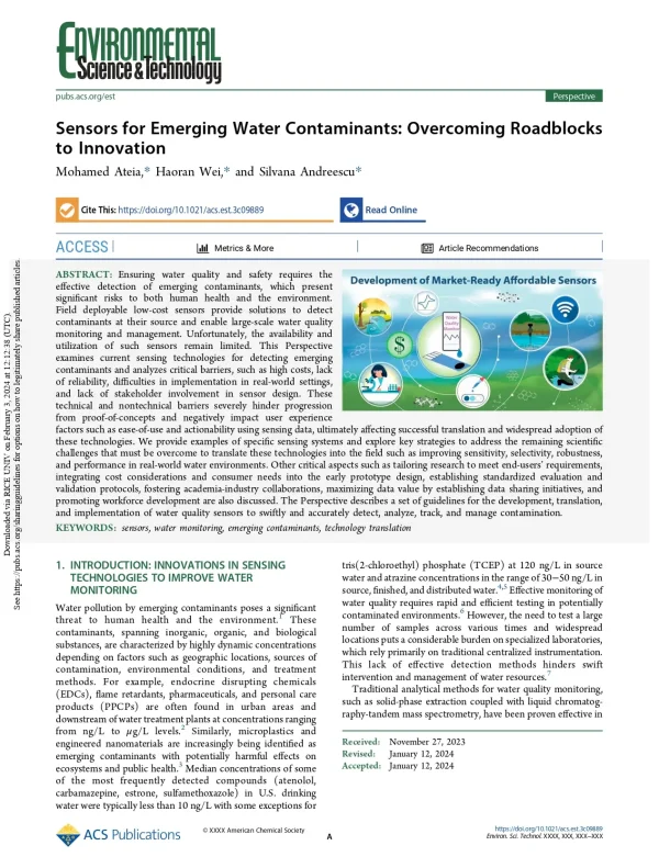 Sensors For Emerging Water Contaminants: Overcoming Roadblocks To Innovation