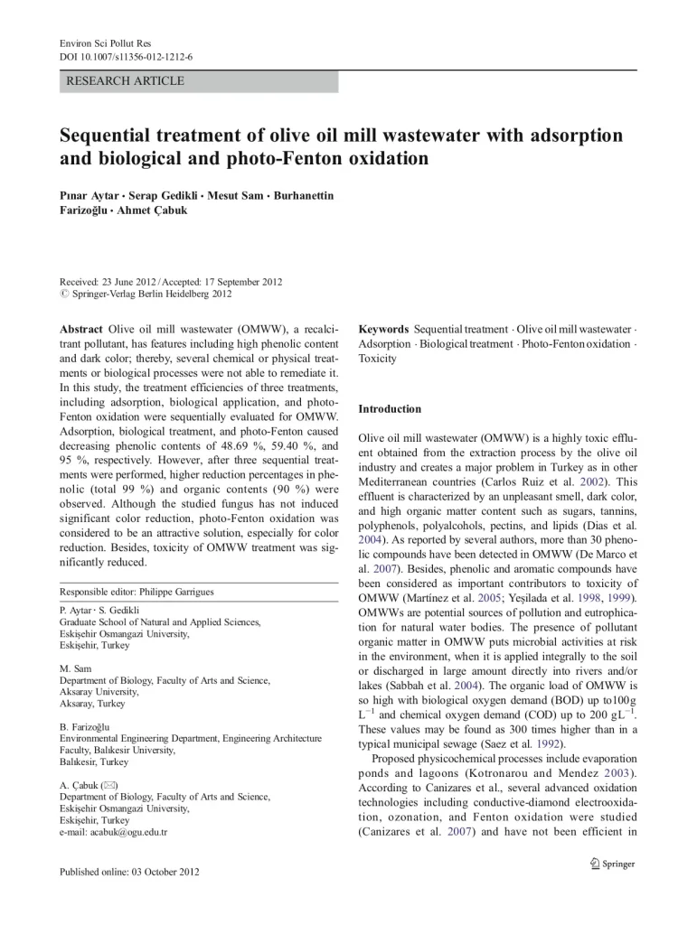 Sequential Treatment Of Olive Oil Mill Wastewater With Adsorption And Biological And Photo-Fenton Oxidation