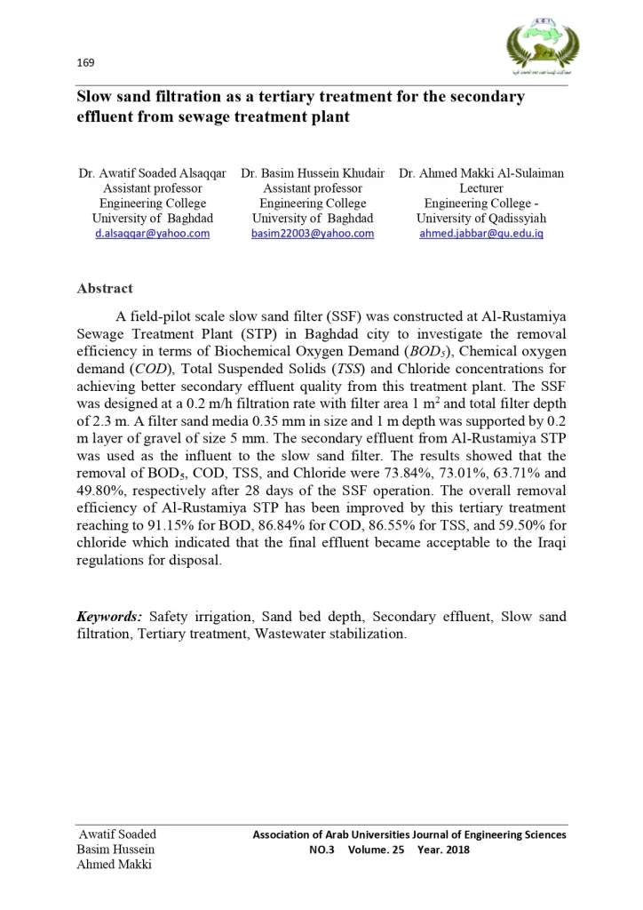 Slow Sand Filtration As A Tertiary Treatment For The Secondary Effluent From Sewage Treatment Plant