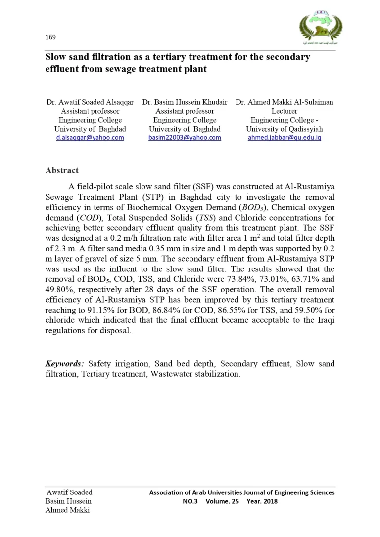 Slow Sand Filtration As A Tertiary Treatment For The Secondary Effluent From Sewage Treatment Plant