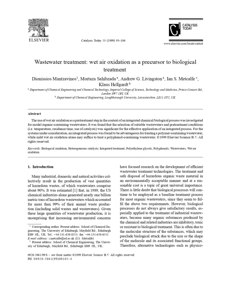 Wastewater Treatment: Wet Air Oxidation As A Precursor To Biological Treatment
