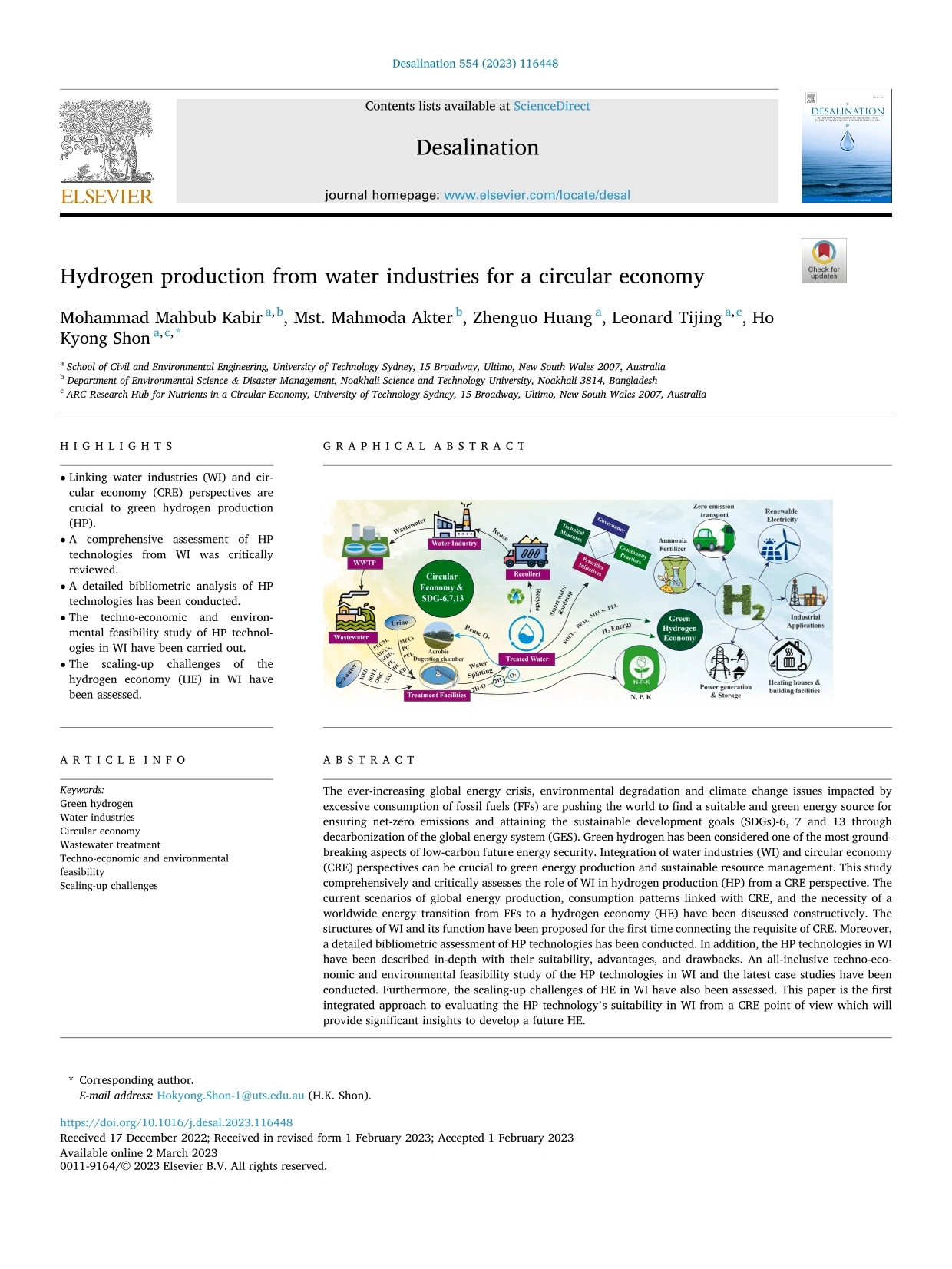 Hydrogen Production from Water Industries for a Circular Economy